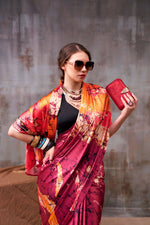 Thumbnail for Vastranavya Maroon Satin Silk Printed Saree with a Natural Silk Unstitched Blouse - Distacart