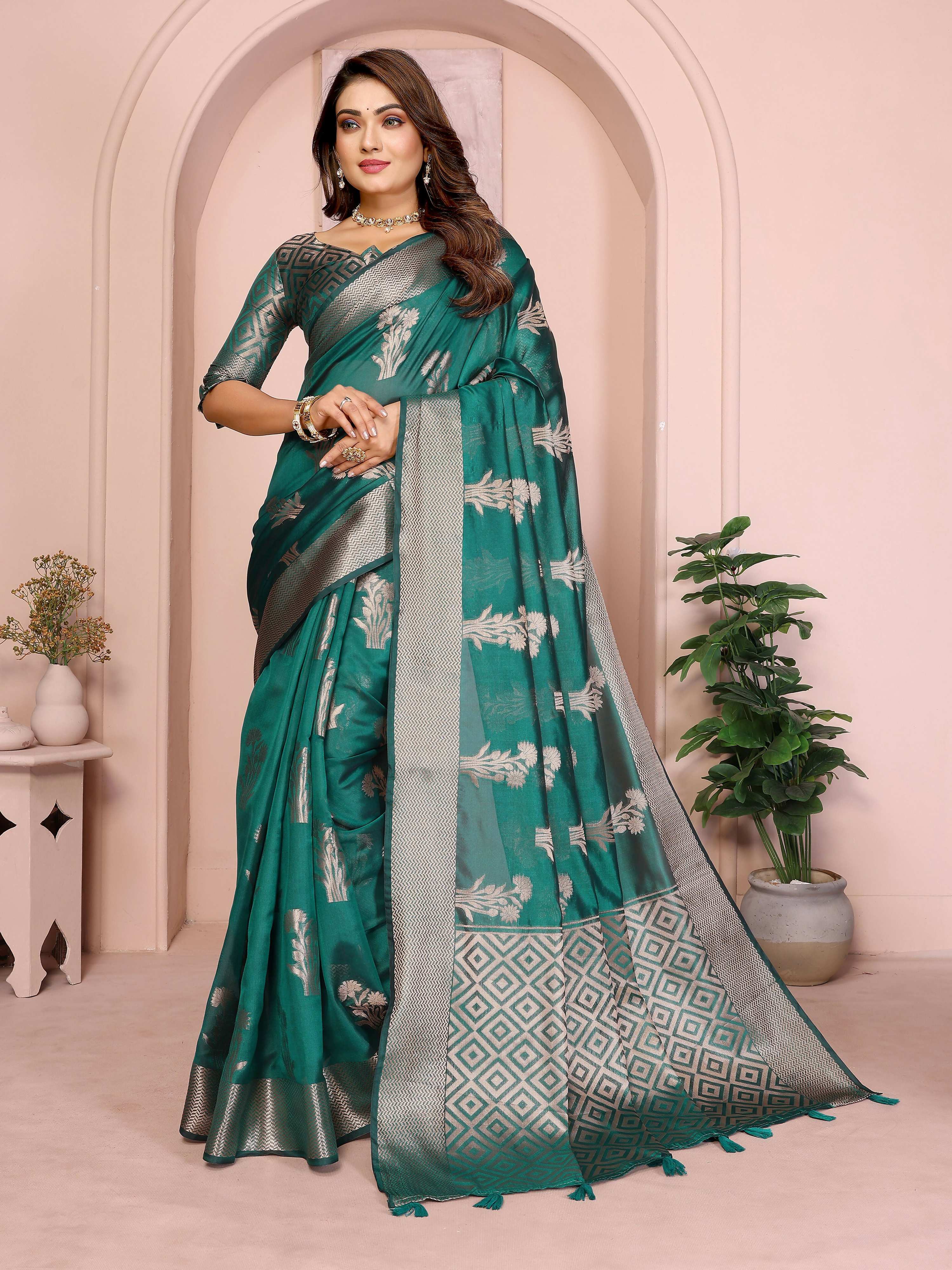 Aastha Fashion Green Soft Organza Silk Weaving Saree - Distacart
