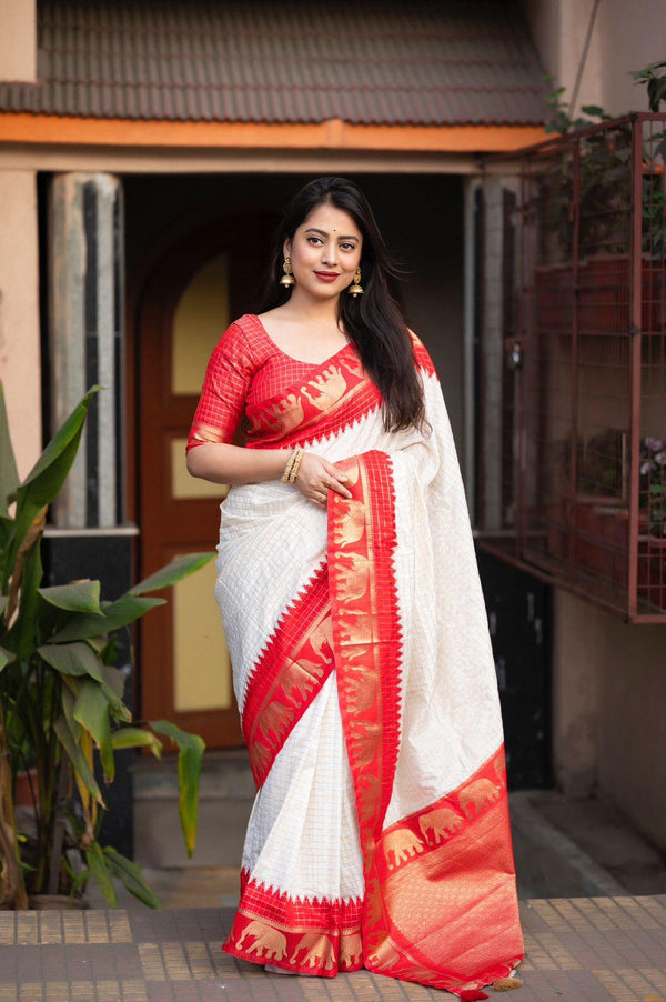 Red Silk Zari Woven Saree with Unstitched Blouse - Hiral Fashion - Distacart