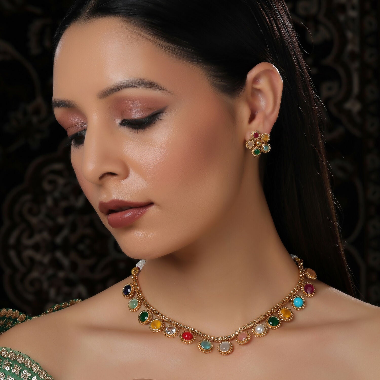 Multi Colored Stone in Gold Choker with Earrings (Multi Color) - Ruby Raang - Distacart