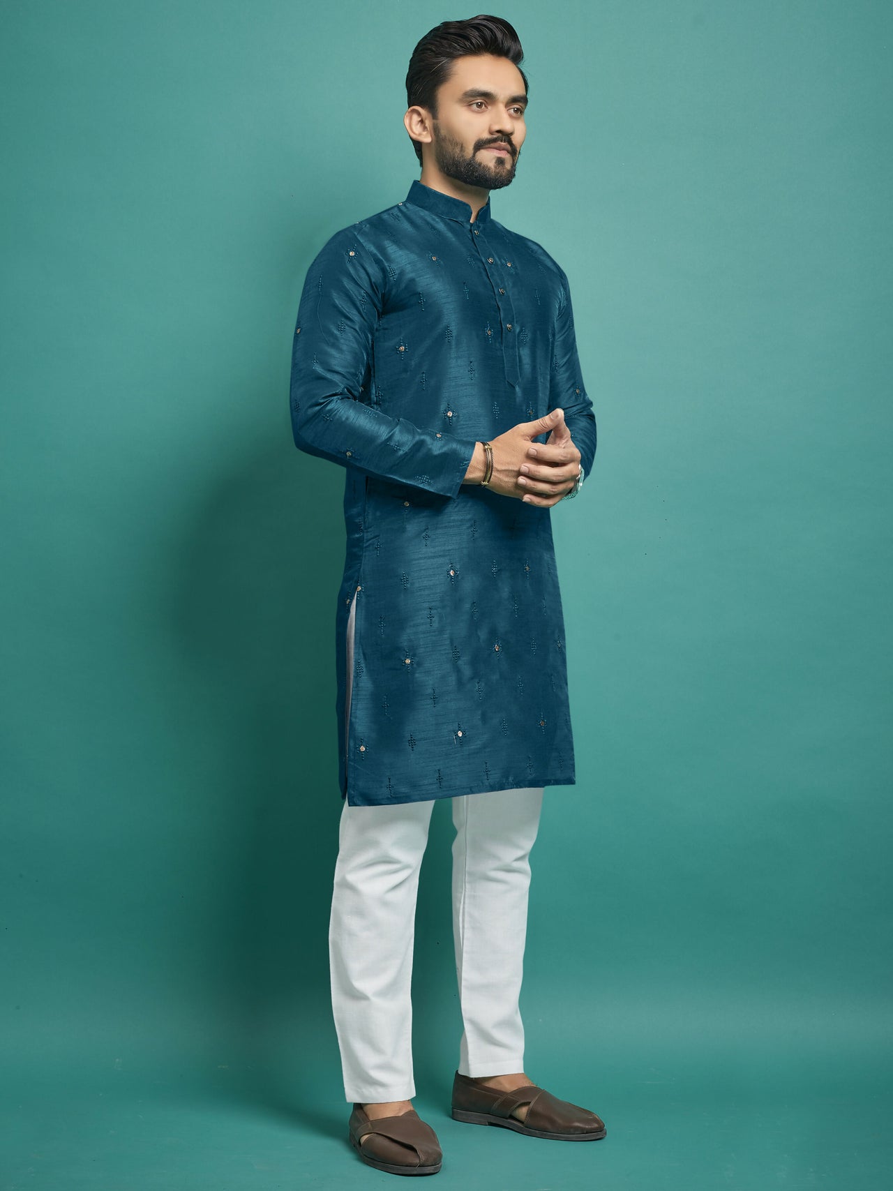 Mens Kurta Set Rama Blue Color Wedding Wear by Infinity Export - Distacart