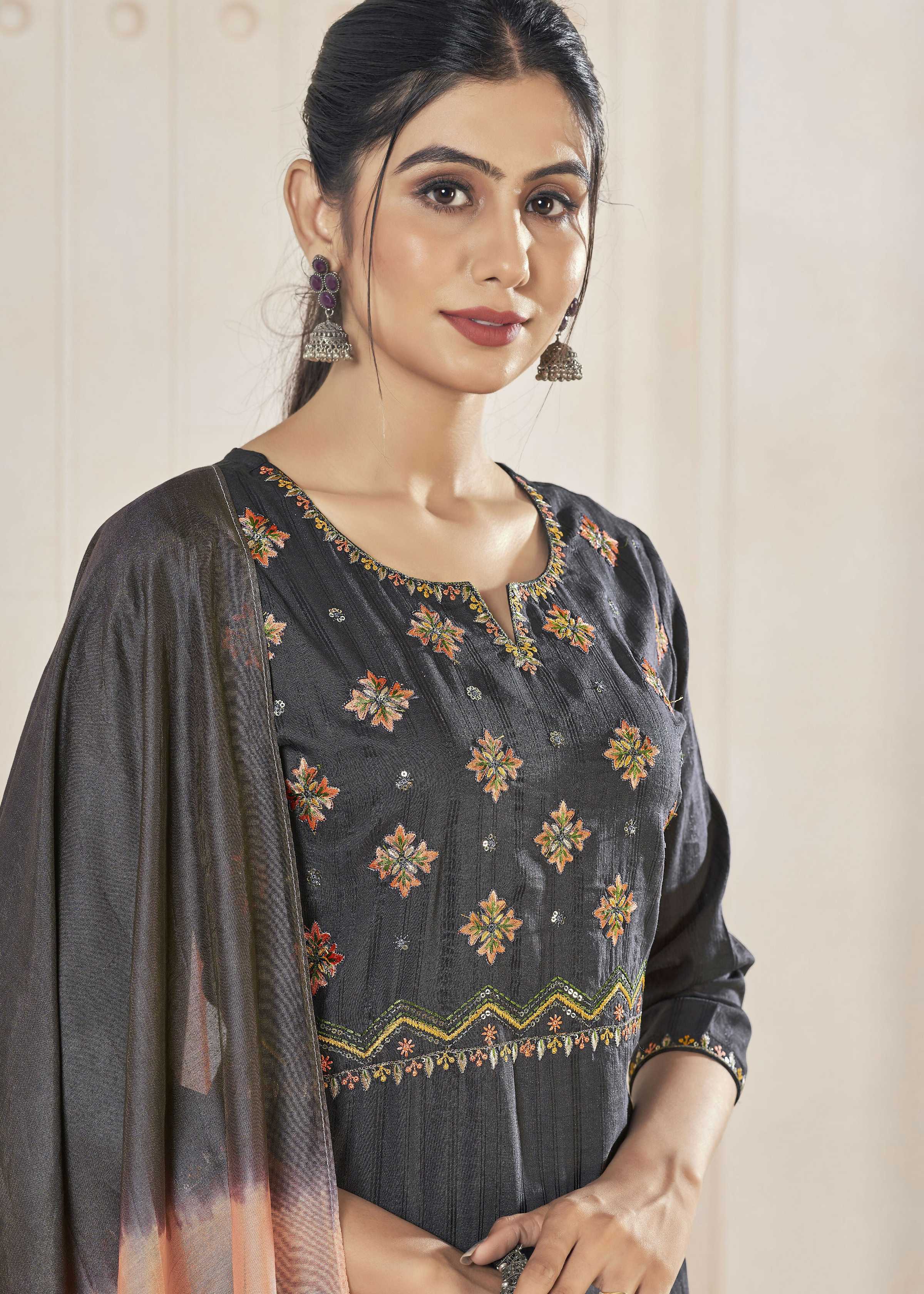 Jyoti Fashion Women's Black Pure Viscose Weaving Stripe with Embroidery Kurta Set - Distacart