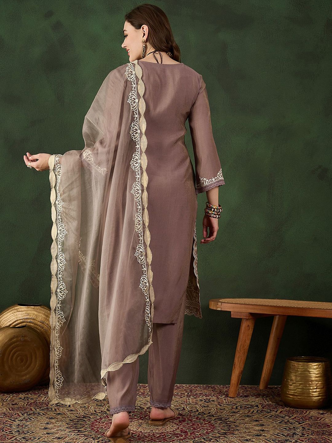 Sangria Floral Embroidered Mirror Work Straight Kurta, Trouser & Dupatta Set - Distacart