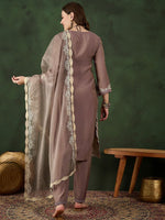Thumbnail for Sangria Floral Embroidered Mirror Work Straight Kurta, Trouser & Dupatta Set - Distacart