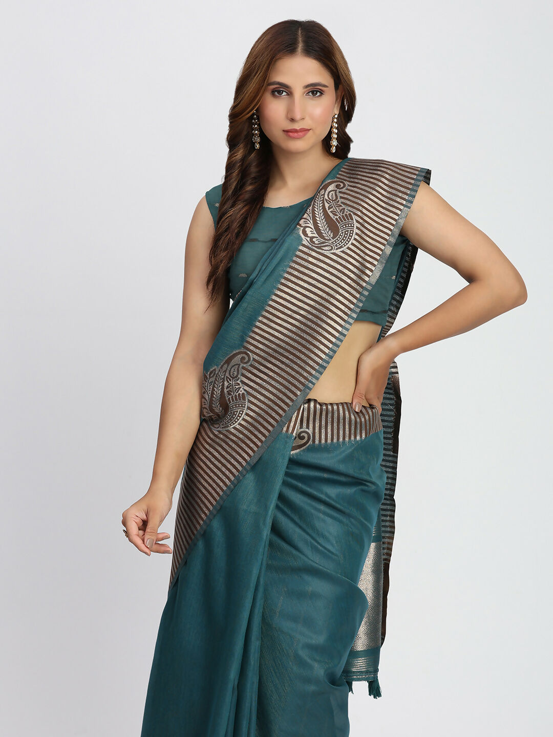 Shree Shyam Fashion Linen Cotton Sea Green Saree - Distacart