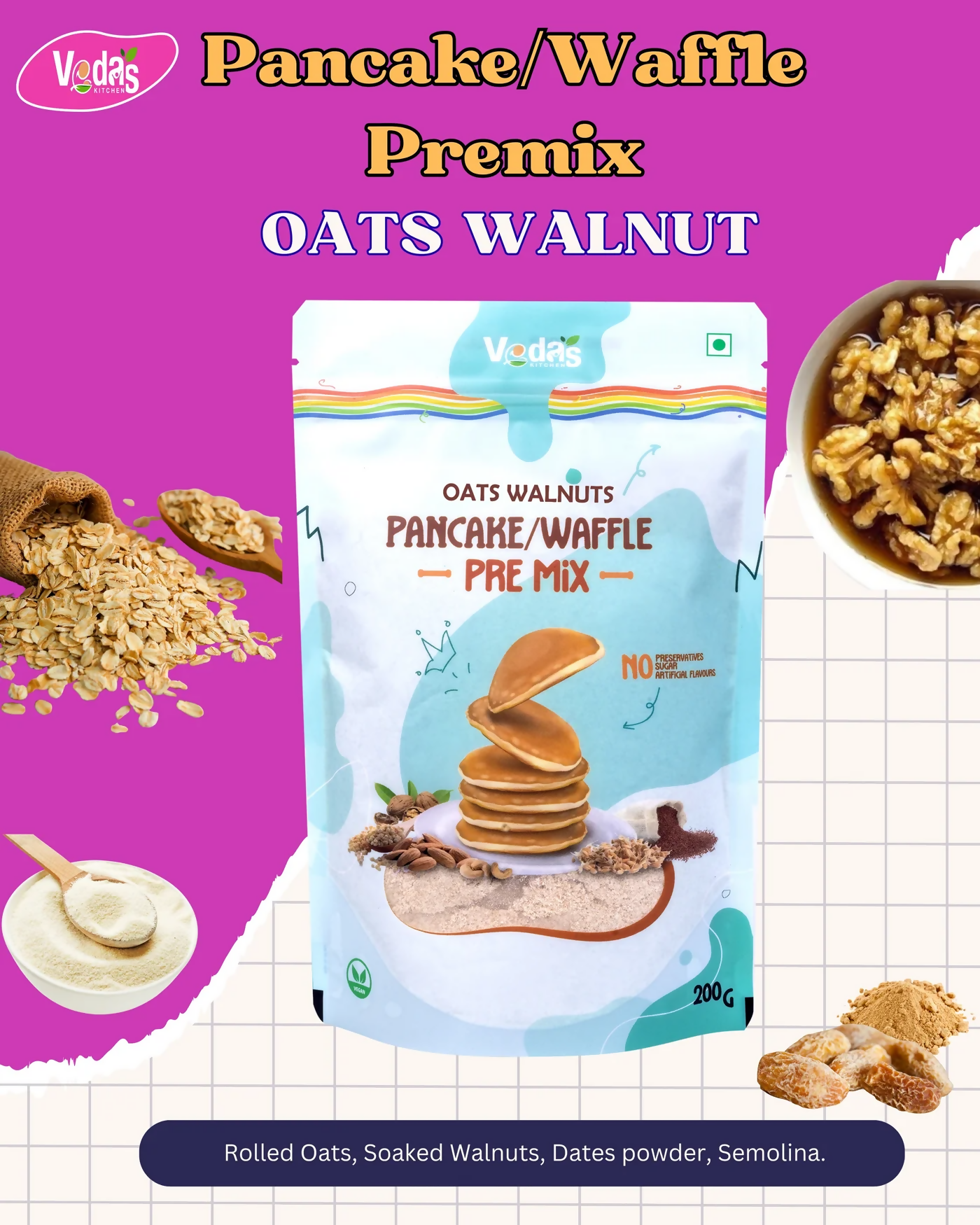 Vedas Kitchen Oats Walnuts Waffle/Pancake Premix - Dista