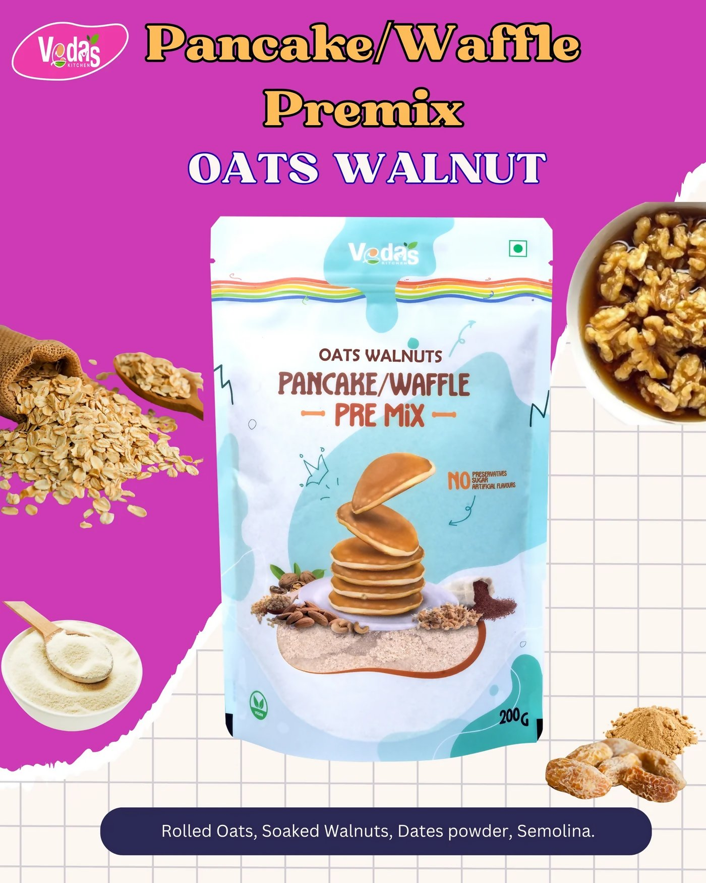 Vedas Kitchen Oats Walnuts Waffle/Pancake Premix - Dista
