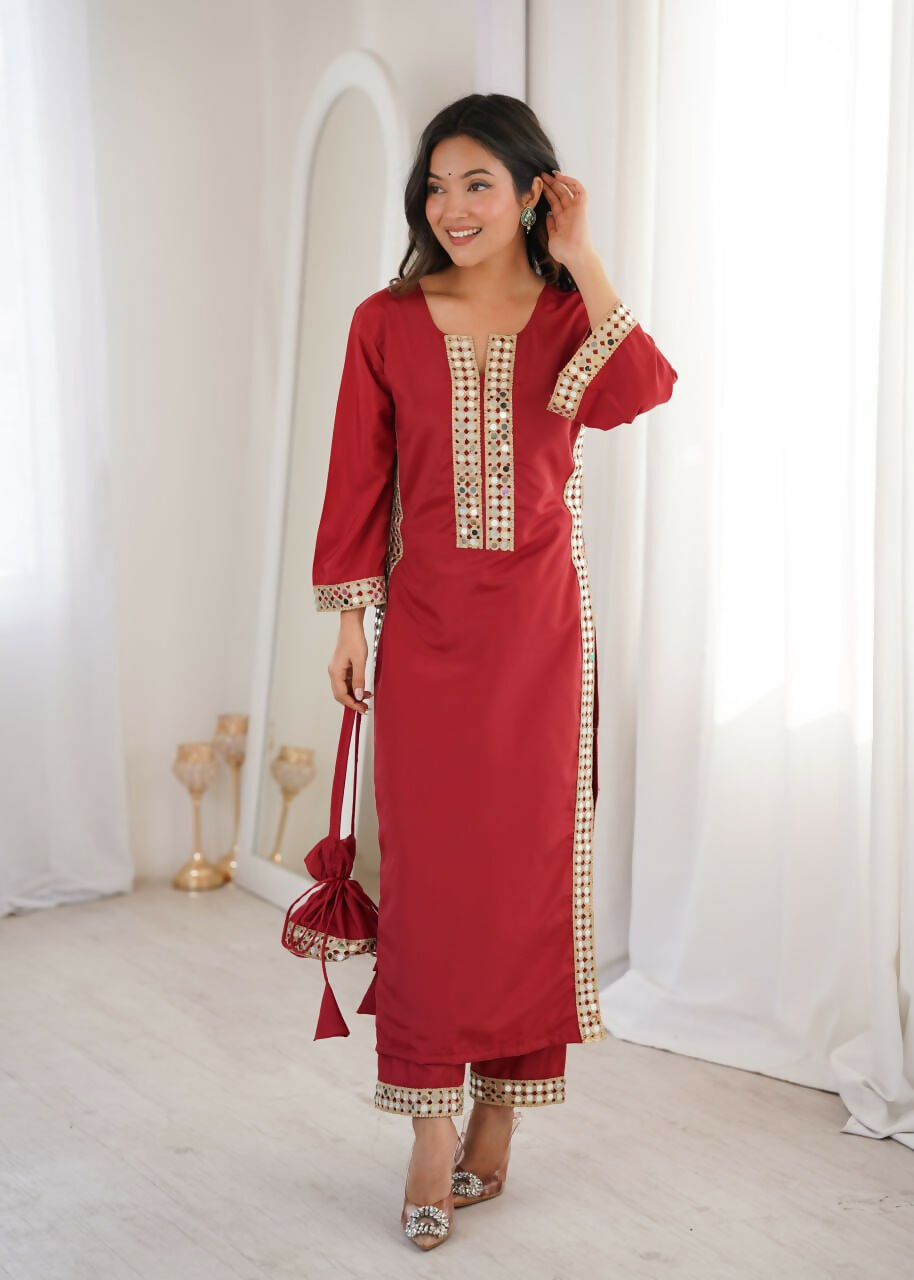 Teeya Creation Womens New Trending Maroon Color Natural Crepe With Real Mirror Lace Work Kurta Set - Dista