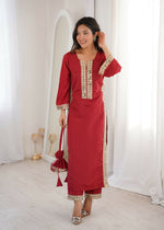 Thumbnail for Teeya Creation Womens New Trending Maroon Color Natural Crepe With Real Mirror Lace Work Kurta Set - Dista