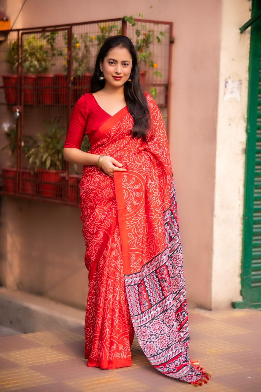 Red Silk Blend Ajrak Saree with Unstitched Blouse - A2M - Distacart