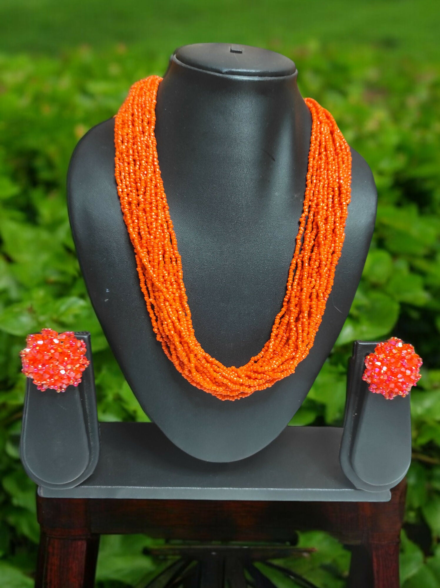 Inhanns Vibrant Handmade 20 Layers Beaded Necklace With Matching Earrings - Orange - Distacart