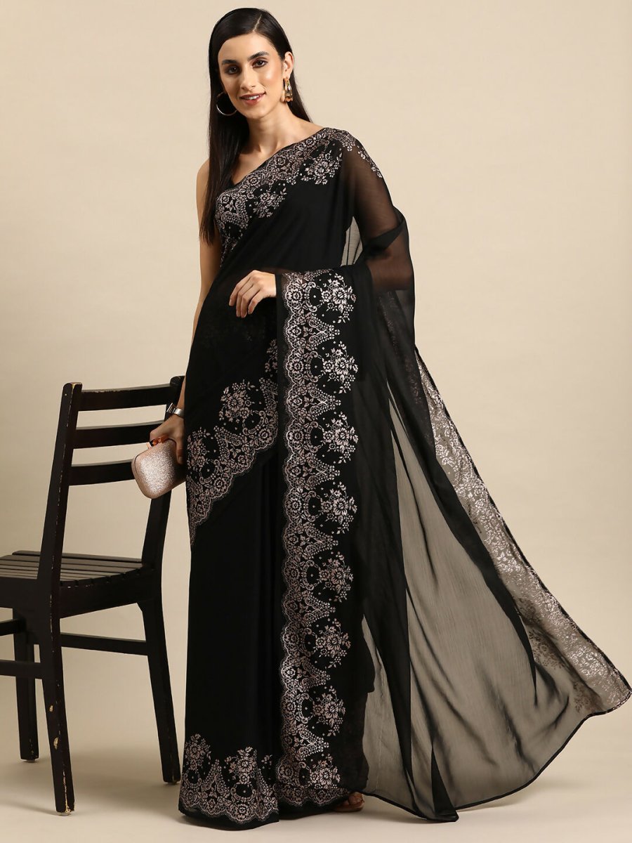 Ahalyaa Women's Traditional Semi Stitch Saree - Black - Distacart