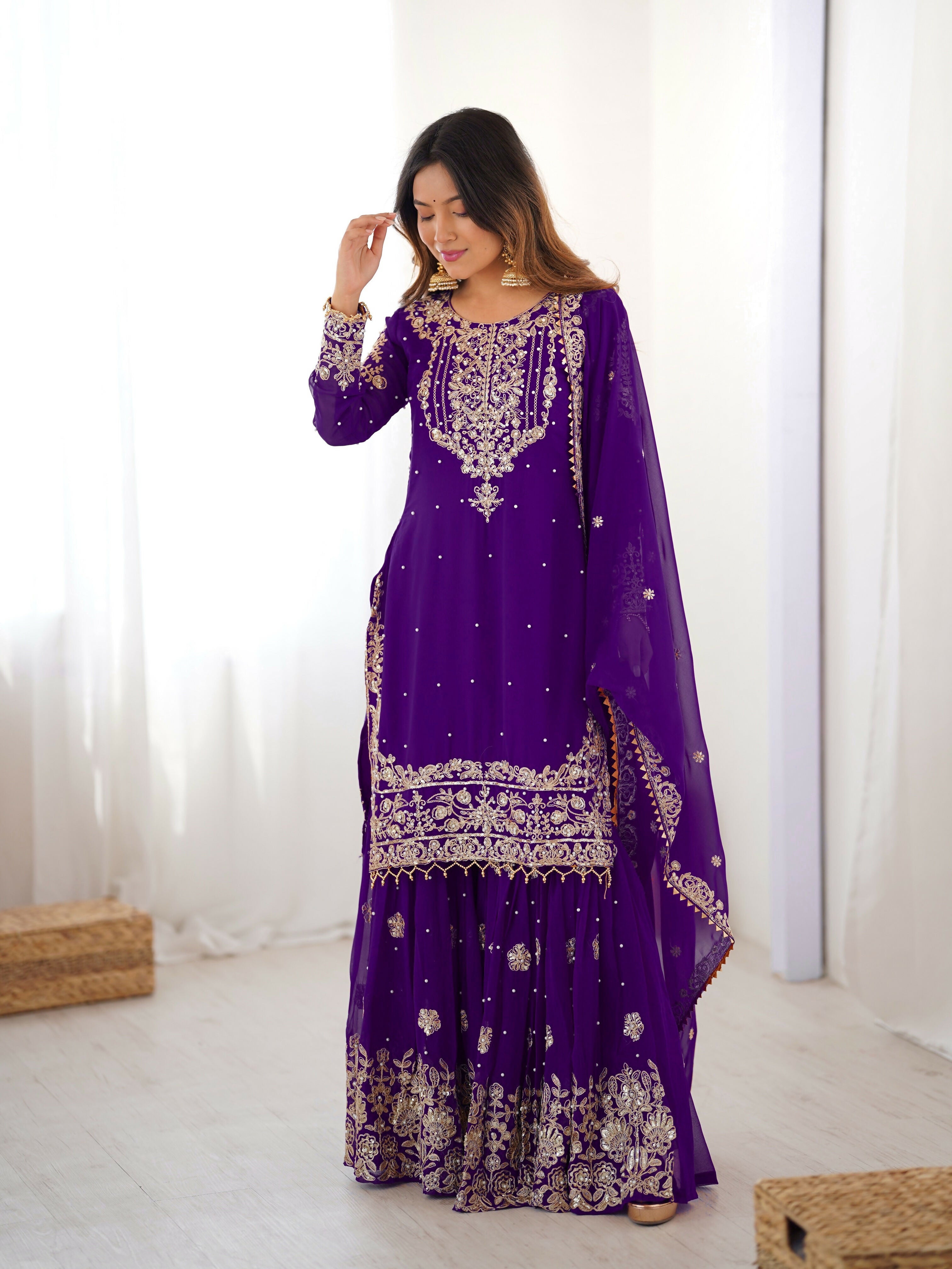 Lehenga Mart Designer Sharara Suit With Kurta, Sharara, Dupatta For Women-Purple - Distacart