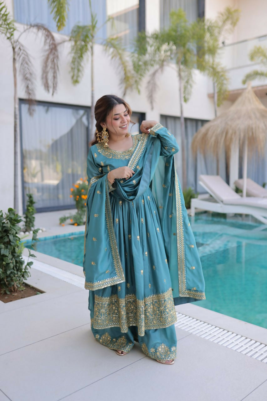 Teeya Creation Womens New Bollywood Stylish Super Silk With Rich Sequins Embroidered Work Kurta Set - Dista