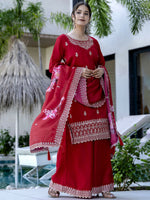 Thumbnail for The52 Red Women's Gorgeous Embroidered Vichitra Silk Fabric Straight Kurta, Sharara and Dupatta Set - Distacart