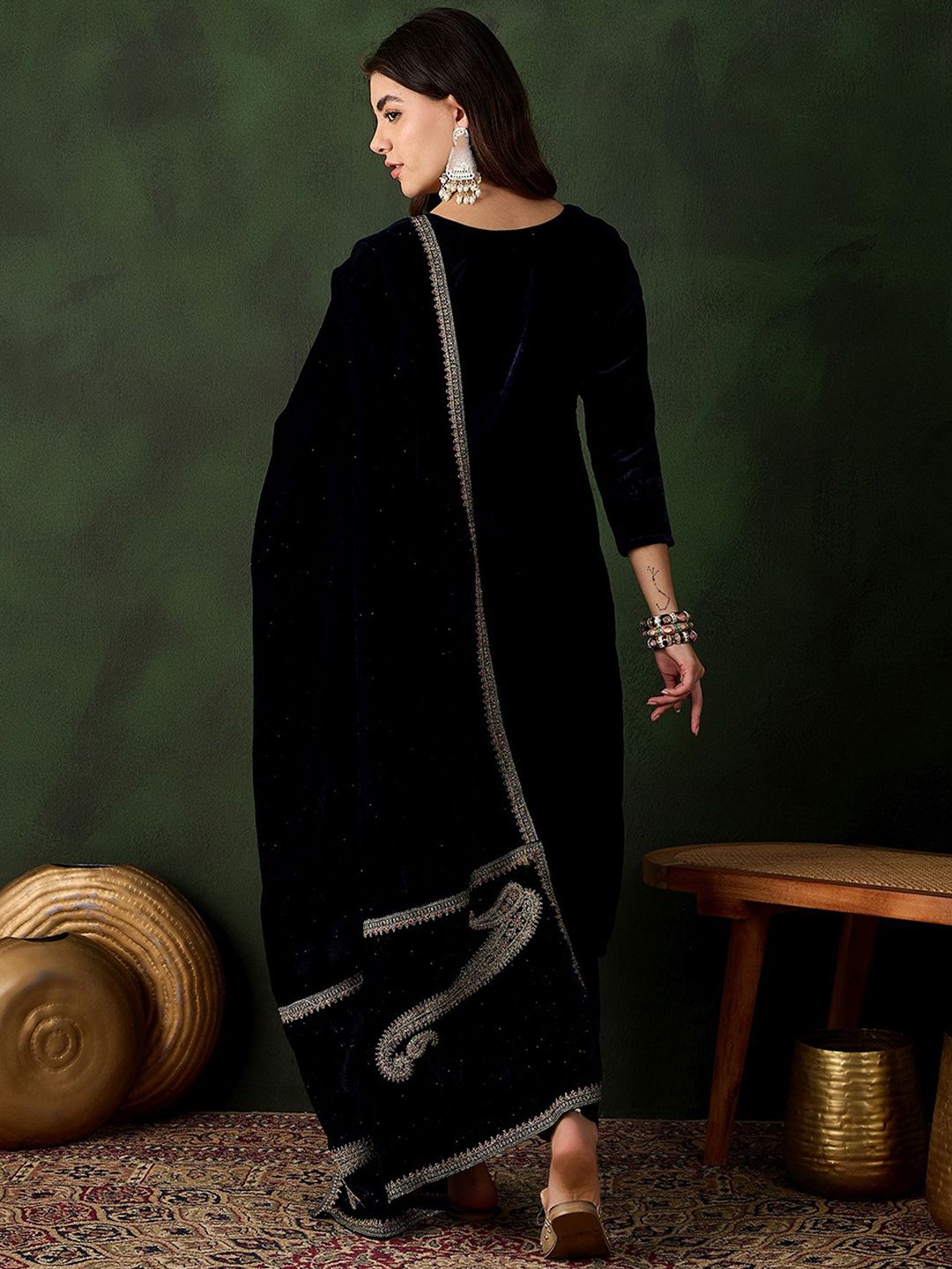 Sangria Floral Embroidered Straight Kurta & Trousers With Dupatta - Distacart