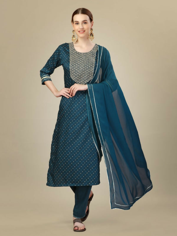Jyoti Fashion Women's Morpich Silk Blend Embroidery & Sequence work Kurta with Trouser & Dupatta - Distacart