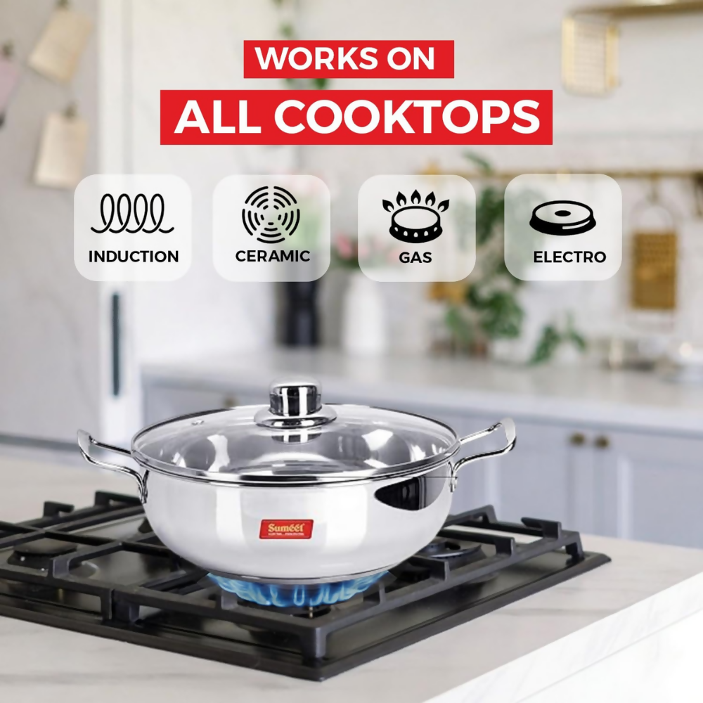 Sumeet Stainless Steel Induction Bottom Kadhai with Glass Lid - Dista