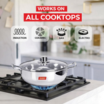 Thumbnail for Sumeet Stainless Steel Induction Bottom Kadhai with Glass Lid - Dista