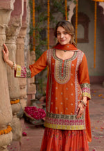 Thumbnail for Anaita Orange Chinon Readymade Palazzo Suit with Codding Dori & Sequence Work - Distacart