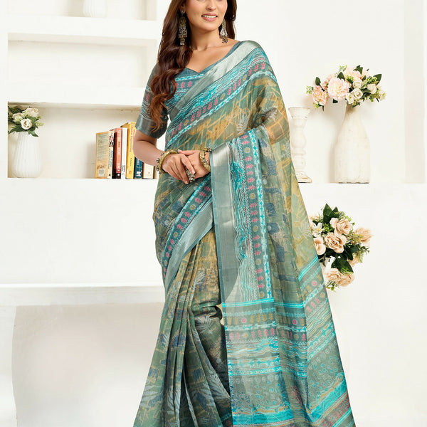 Joban Fashion Petrol Ethinic Motifs Linen Ready To Wear Saree With Unstitched Blouse - Distacart