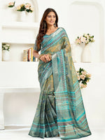 Thumbnail for Joban Fashion Petrol Ethinic Motifs Linen Ready To Wear Saree With Unstitched Blouse - Distacart