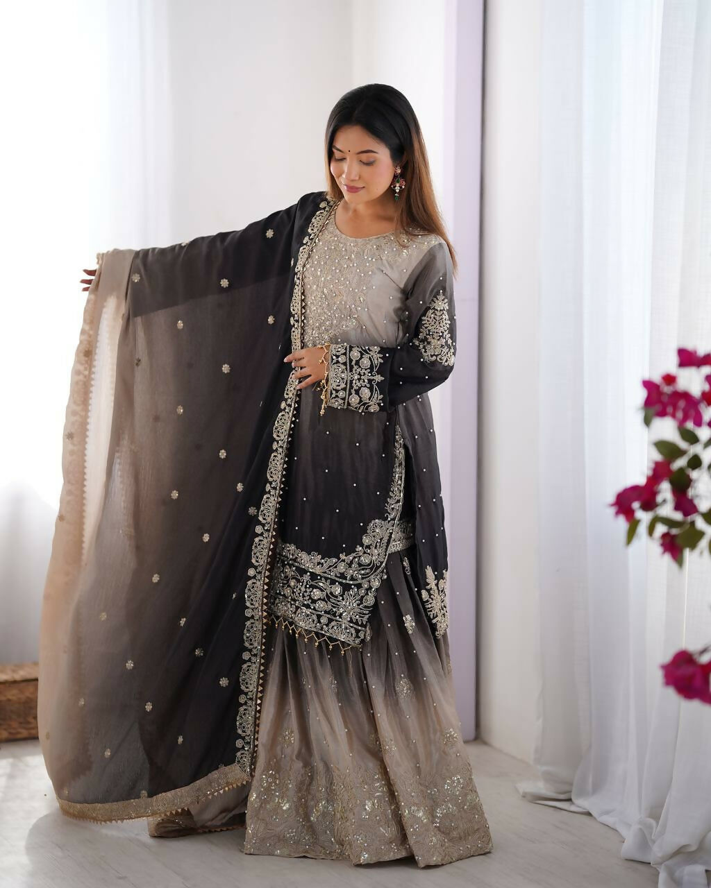 The52 Women's Beautiful Chinon silk Fabric Embroidery Work Straight Kurta Palazzo and Dupatta Set - Distacart