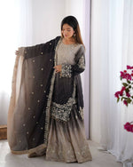 Thumbnail for The52 Women's Beautiful Chinon silk Fabric Embroidery Work Straight Kurta Palazzo and Dupatta Set - Distacart