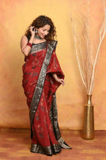Thumbnail for Very Much Indian Modal Silk Ajrakh Handblock Printed Natural Dyes With Designer Border Saree - Red - Distacart