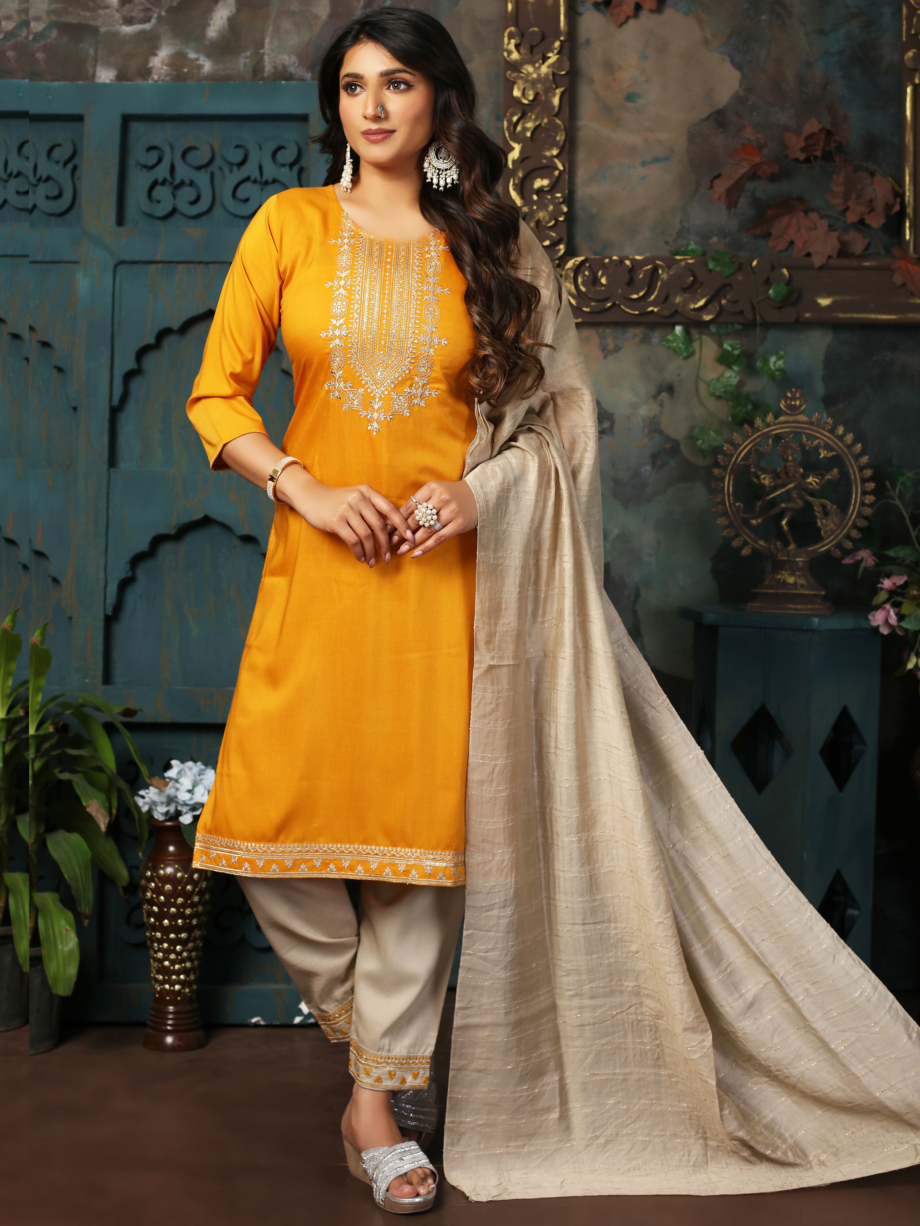 Vamika Chinon Embroidery Mustard Party Wear/Casual Wear/Office Wear Kurta Set/Suit - Distacart