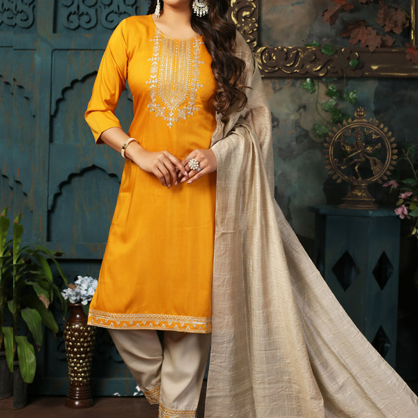 Vamika Chinon Embroidery Mustard Party Wear/Casual Wear/Office Wear Kurta Set/Suit - Distacart