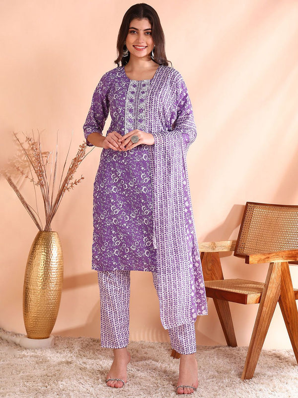 Ode by House of Pataudi Printed Mirror Work Pure Cotton Kurta With Trouser & Dupatta - Distacart