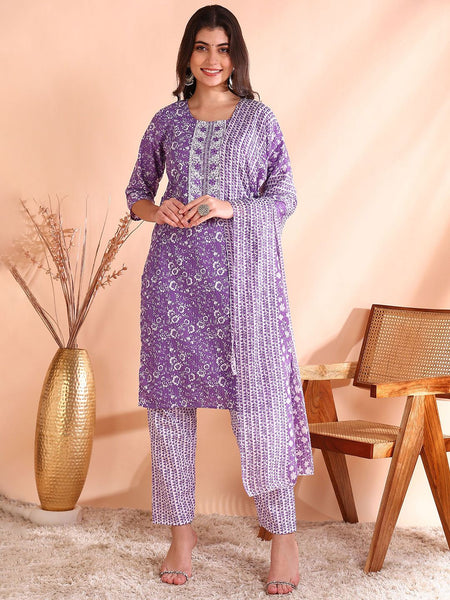 Ode by House of Pataudi Printed Mirror Work Pure Cotton Kurta With Trouser & Dupatta - Distacart