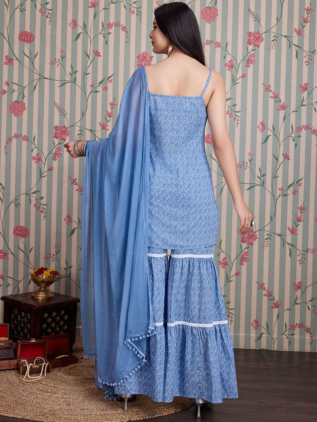 Ode by House of Pataudi Floral Printed Pure Cotton Straight Kurti with Sharara & With - Distacart