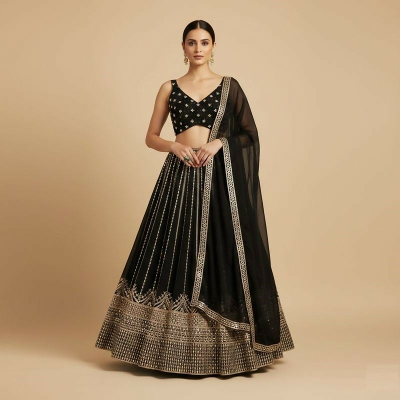 Lehenga Mart Black Faux Georgette Designer Bollywood Style Wedding Wear Lehenga Choli - Dista