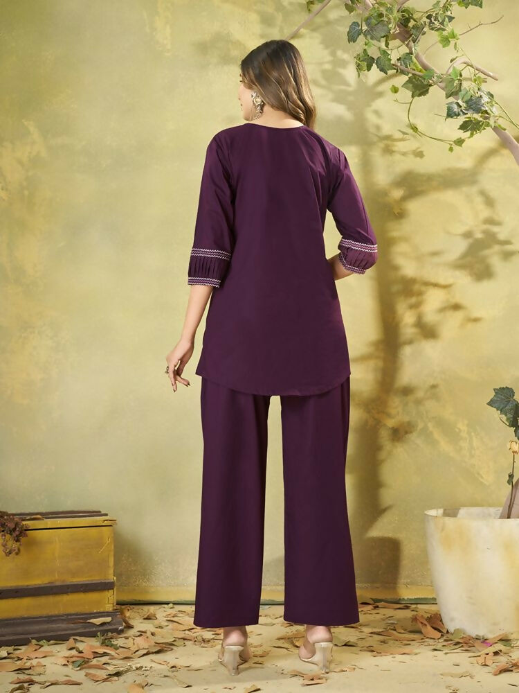 Teeya Creation Wine Embroidered Cotton Co-ord Set for Women - Dista