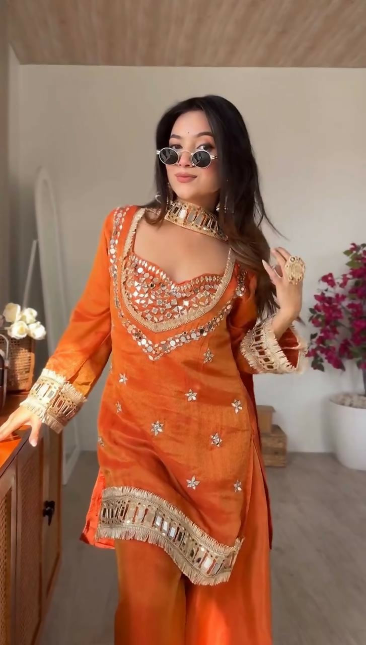 Teeya Creation New Trendy Stylish Real Mirror Work With Lace Border Kurta Set - Dista