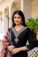 Thumbnail for The52 Black Women's Beautiful Viscose Chanderi Fabric Embroidered Work Straight Kurta Pant and Dupatta Set - Distacart