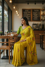 Thumbnail for Teeya Creation Yellow Rangoli Silk Embroidery Work Party Wear Designer Saree - Distacart