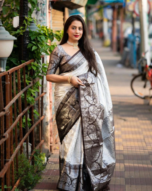 Preksha Creation Designer Women Banarasi Soft Silk Saree - White - Distacart