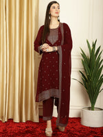 Thumbnail for Jyoti Fashion Women's Maroon Georgette Resham Thread & Sequin Kurta with Trouser & Dupatta - Distacart