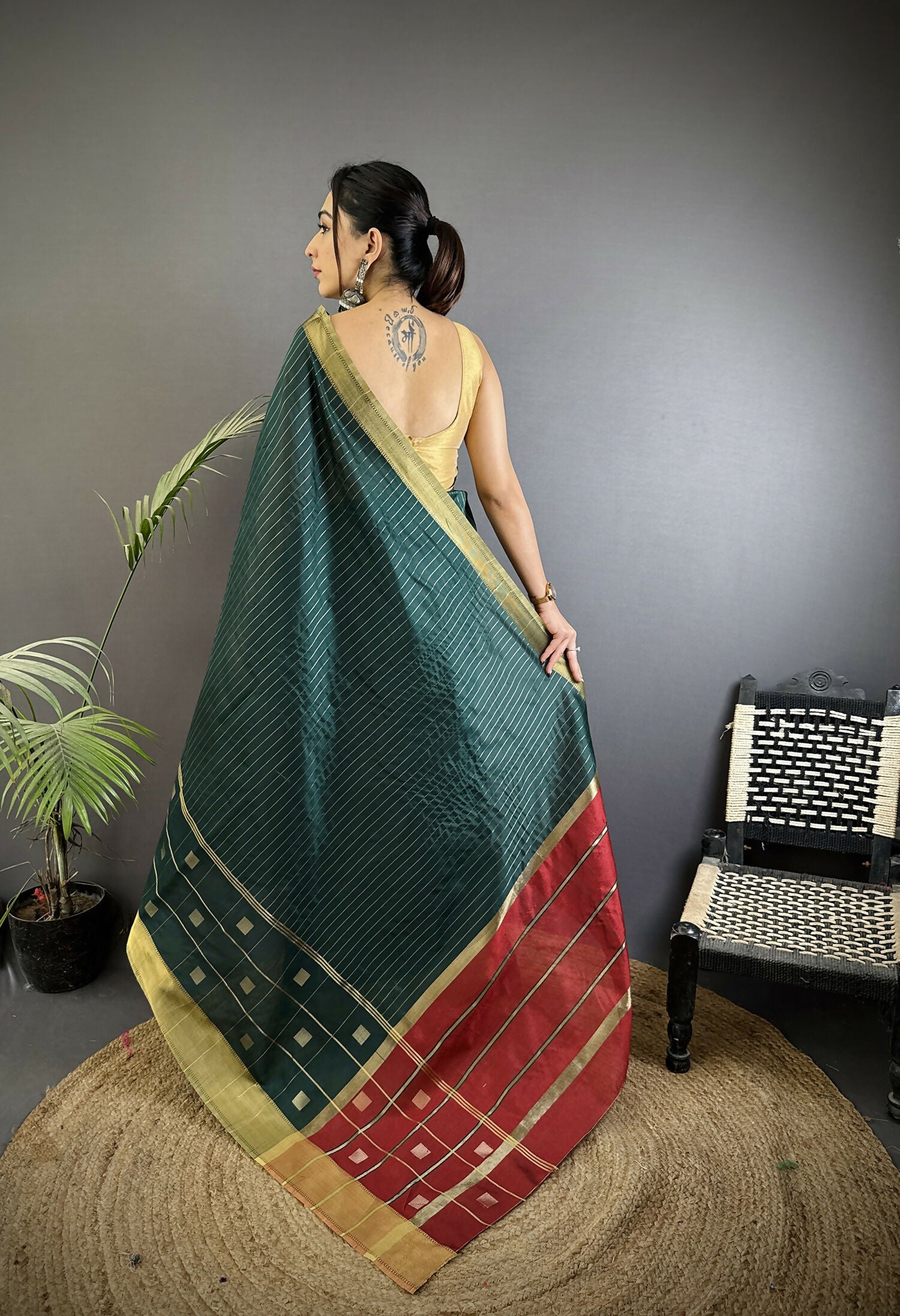 Joban Fashion Teal Bhagalpuri Cotton Silk Stripes/Box Saree - Distacart