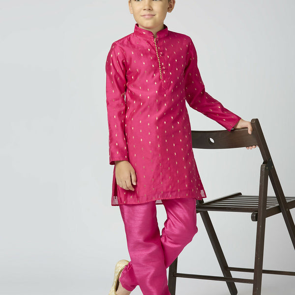 Joban Fashion Kids Island Full Sleeves Chanderi Kurta, Pyjama Set with Traditional Butta Work - Rani Pink - Distacart