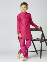 Thumbnail for Joban Fashion Kids Island Full Sleeves Chanderi Kurta, Pyjama Set with Traditional Butta Work - Rani Pink - Distacart