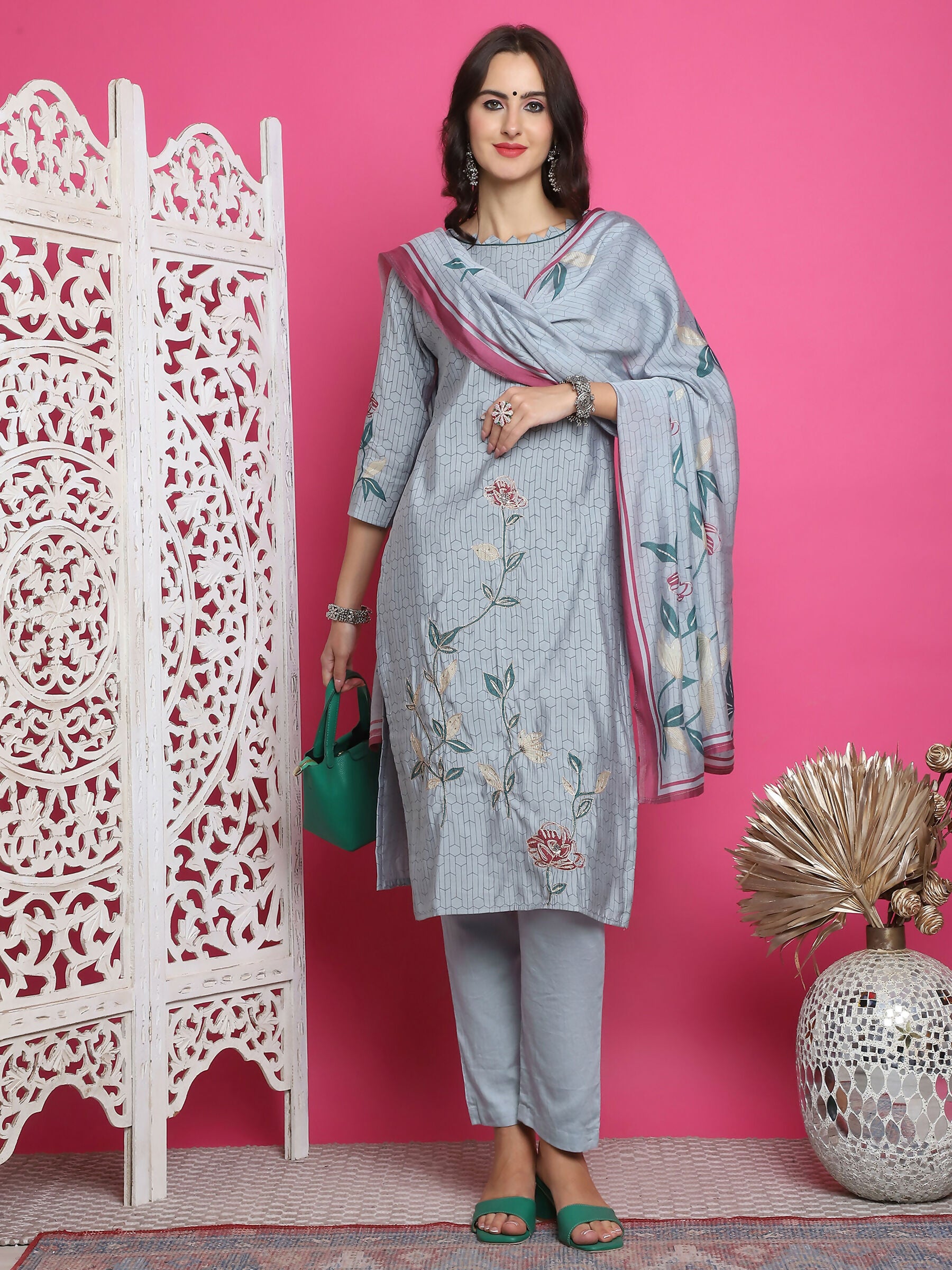 Jyoti Fashion Women's Grey Muslin Floral Print with Jari & Crystal work Kurta with Trouser & Dupatta - Distacart