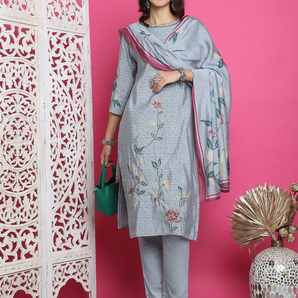 Jyoti Fashion Women's Grey Muslin Floral Print with Jari & Crystal work Kurta with Trouser & Dupatta - Distacart