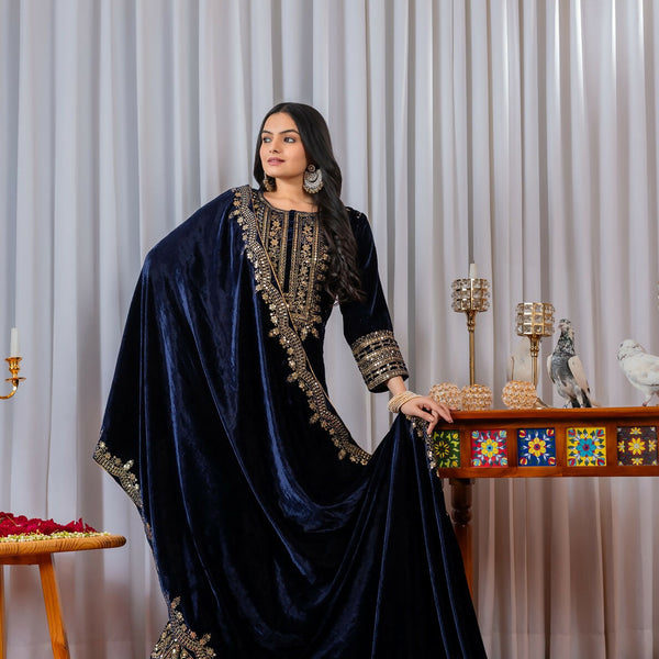Joban Fashion Navy Blue Velvet Sequence Embroidery Work Kurta Set - Distacart