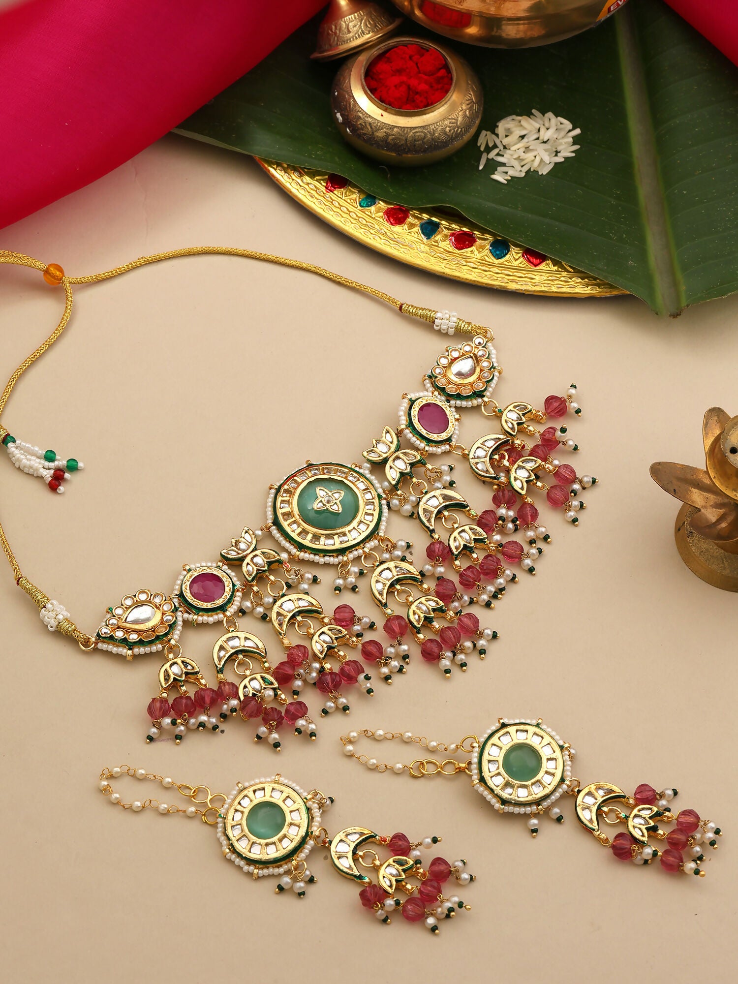 Ruby Raang Kundan Emerald Bloom Necklace With Matching Earrings - Distacart