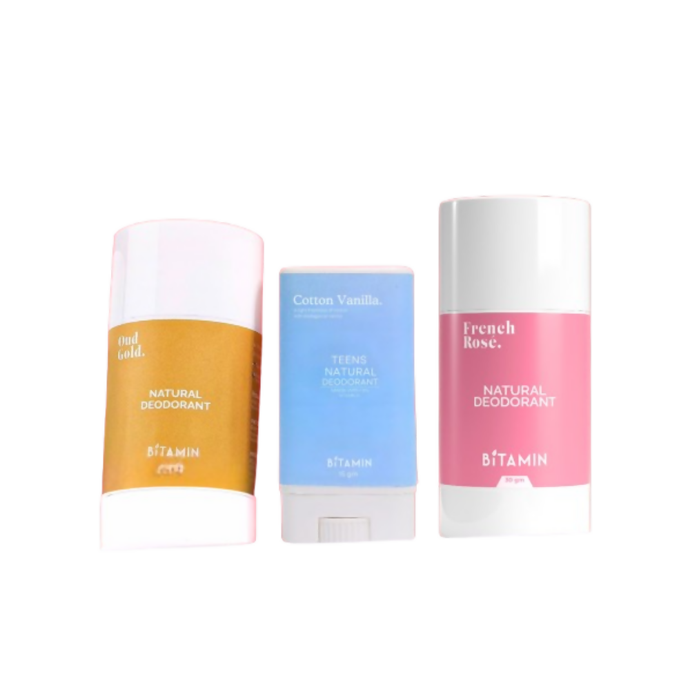 Bitamin Natural Deodorant Cotton Vanilla, Oud Gold, French Rose, Parent-Kid Pack - Distacart