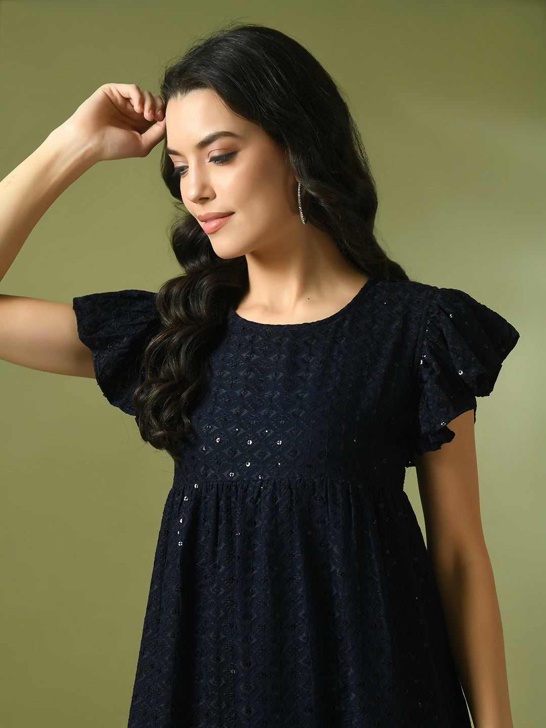 Myshka Women's Navy Blue Embroidered Cotton Round Neck A-Line Party Dress - Distacart